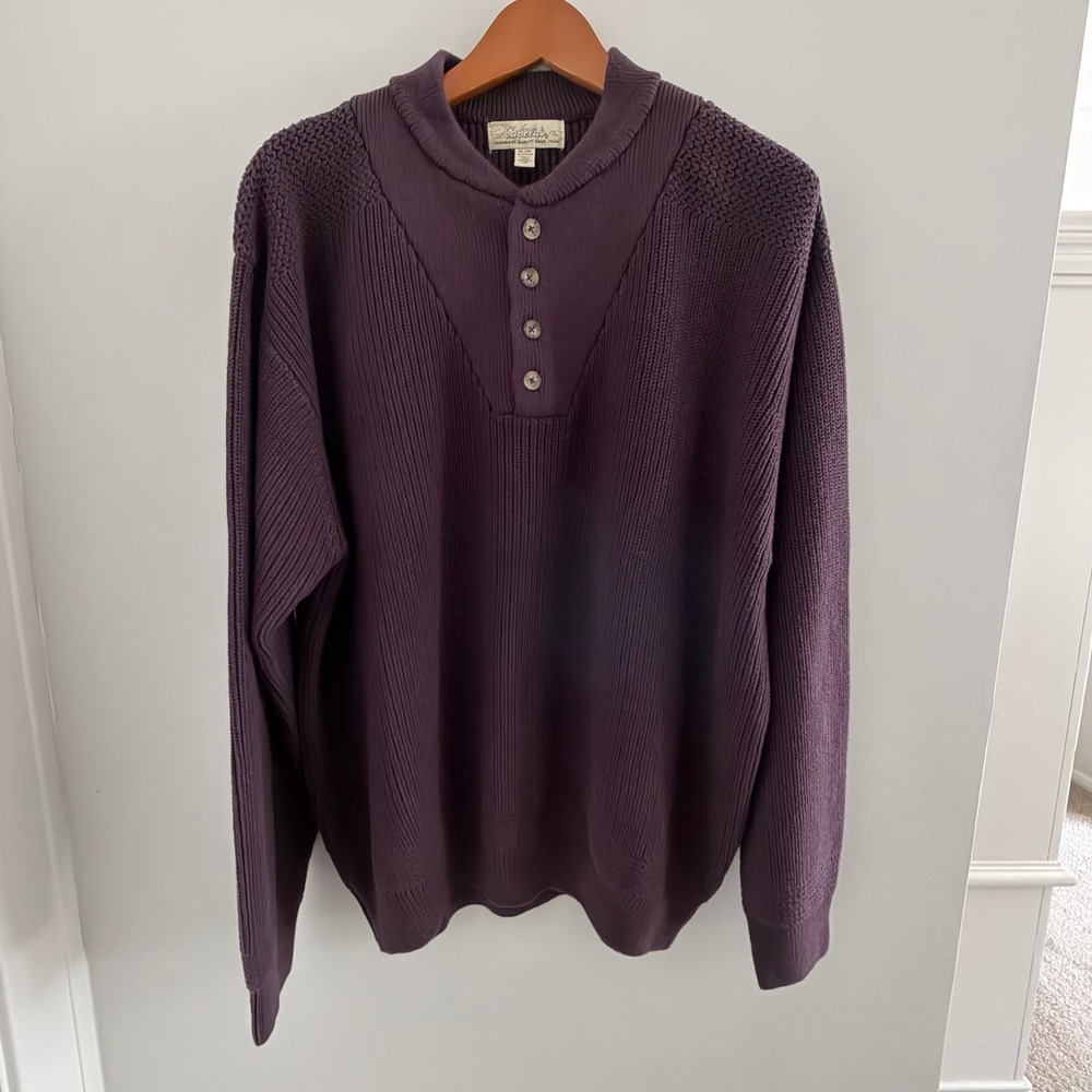 Cabelas Purple Gray Marled 100% Cotton Henley Sweater Heavy Knit Pullover XL